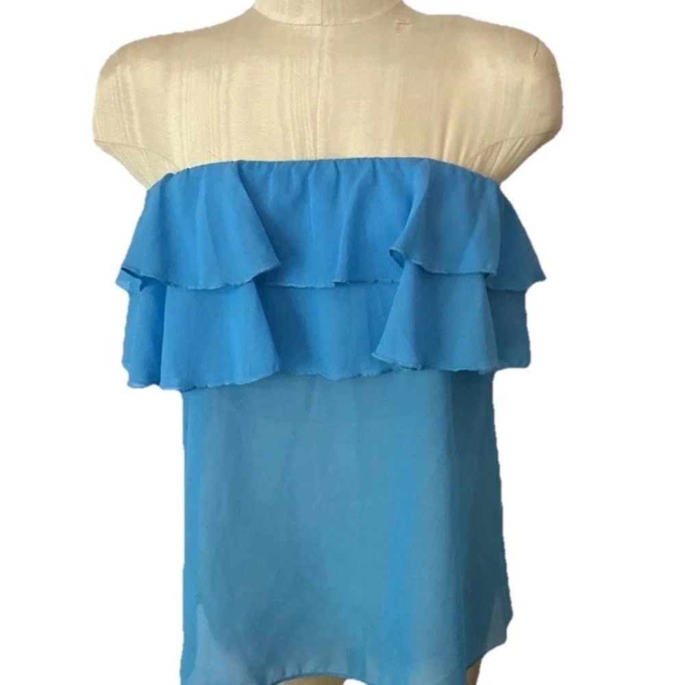 NWT Giddy Up Glamour Blue Double Ruffled Sheer Chiffon Tank Top M